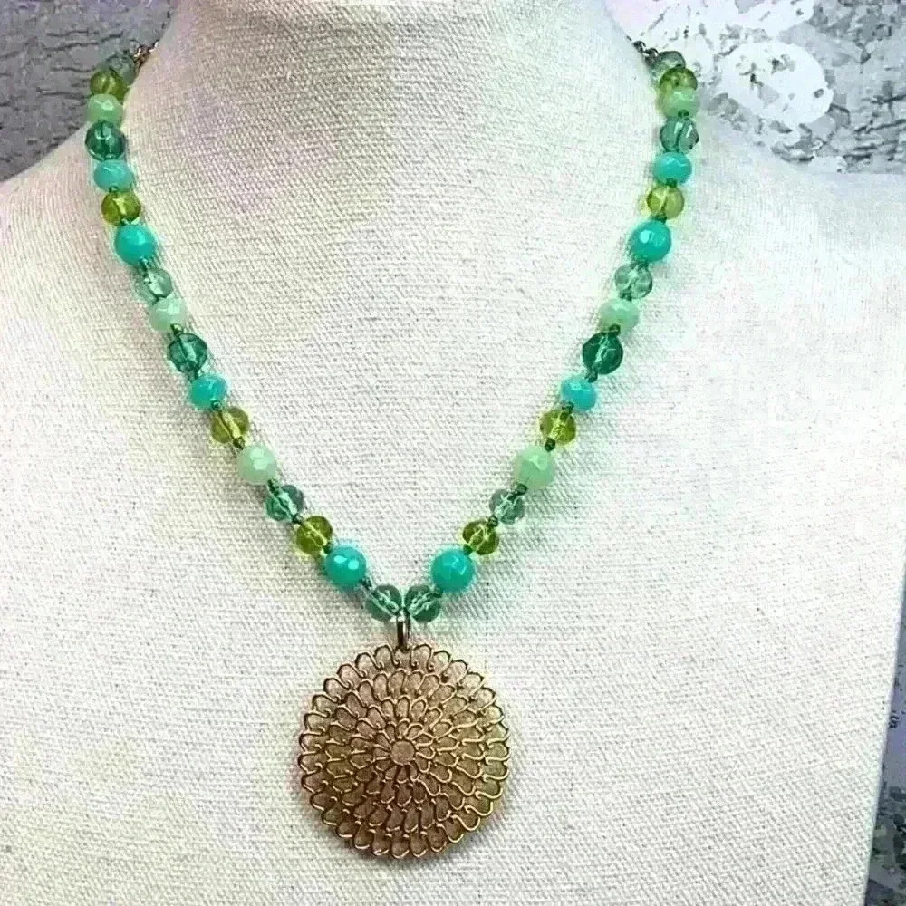 Vintage Monet Green Glass Bead Necklace with Gold Circle Pendant